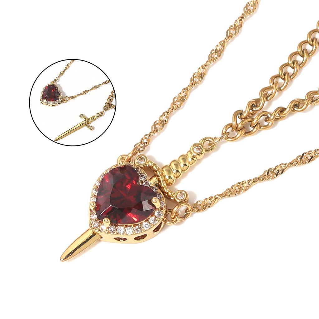 Fashionable one-arrow-through-the-heart couple necklace, red crystal love dagger layered necklace