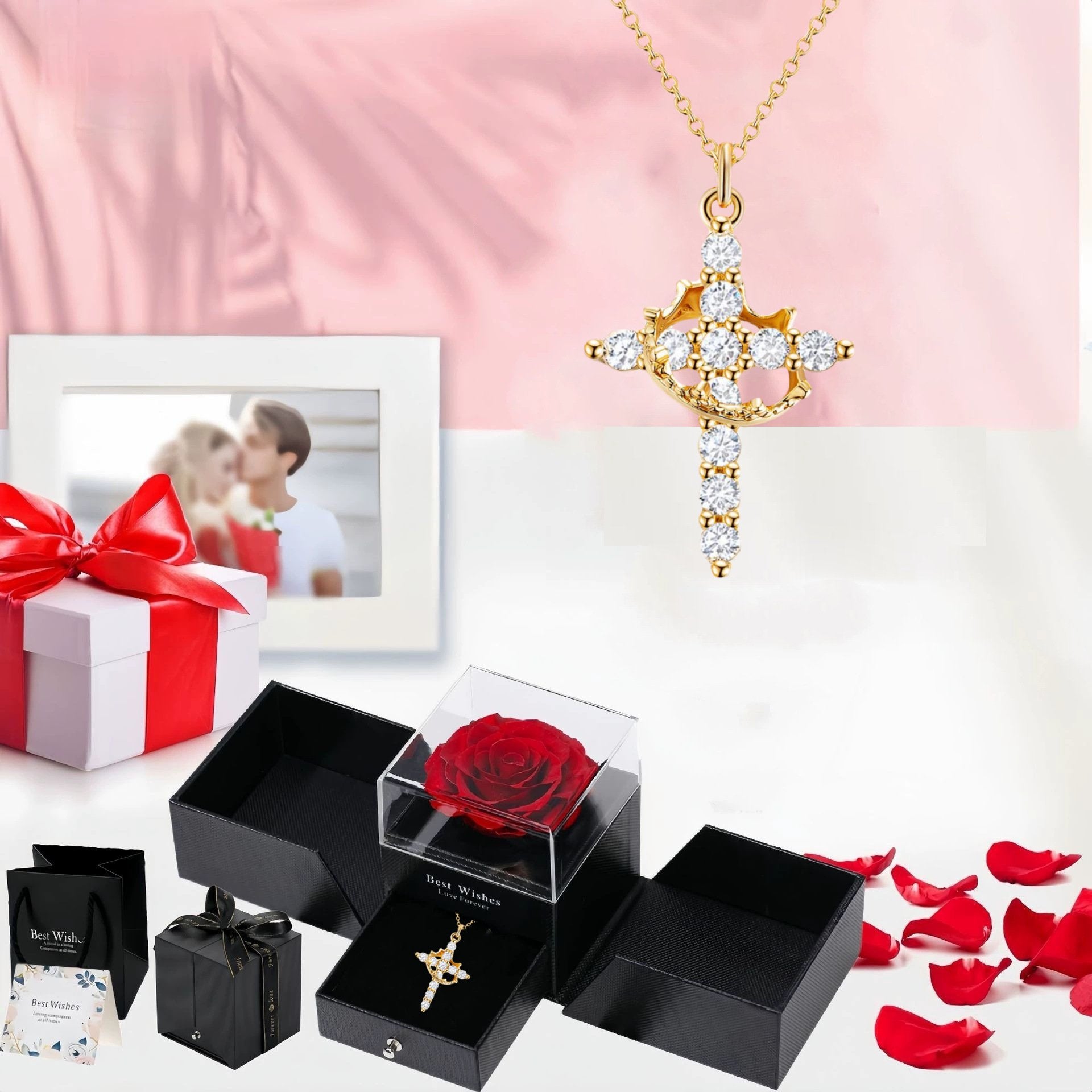 Paved Cross Rotated Crown Necklace
