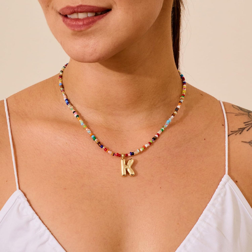 Colorful Initial Necklaces For Women – Bubble Necklace Handmade Beaded Necklace Dainty Cute Beach Boho Necklaces For Women Trendy Jewelry Choker Necklace