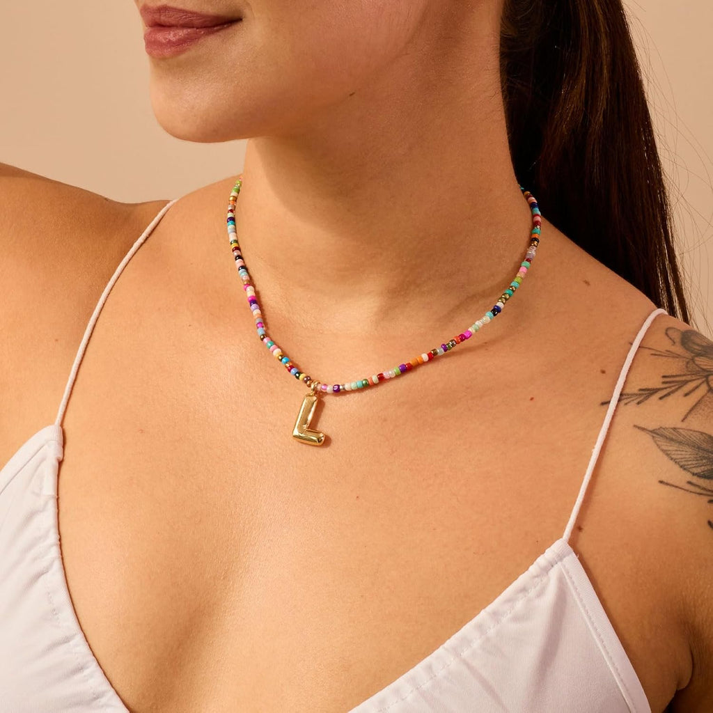 Colorful Initial Necklaces For Women – Bubble Necklace Handmade Beaded Necklace Dainty Cute Beach Boho Necklaces For Women Trendy Jewelry Choker Necklace