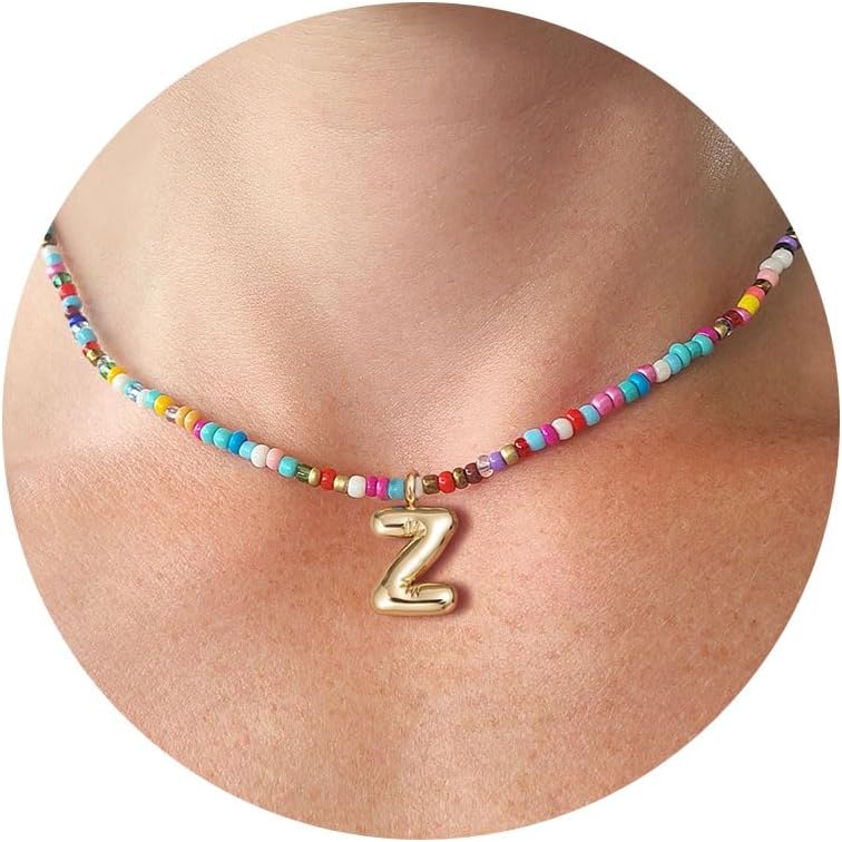 Colorful Initial Necklaces For Women – Bubble Necklace Handmade Beaded Necklace Dainty Cute Beach Boho Necklaces For Women Trendy Jewelry Choker Necklace