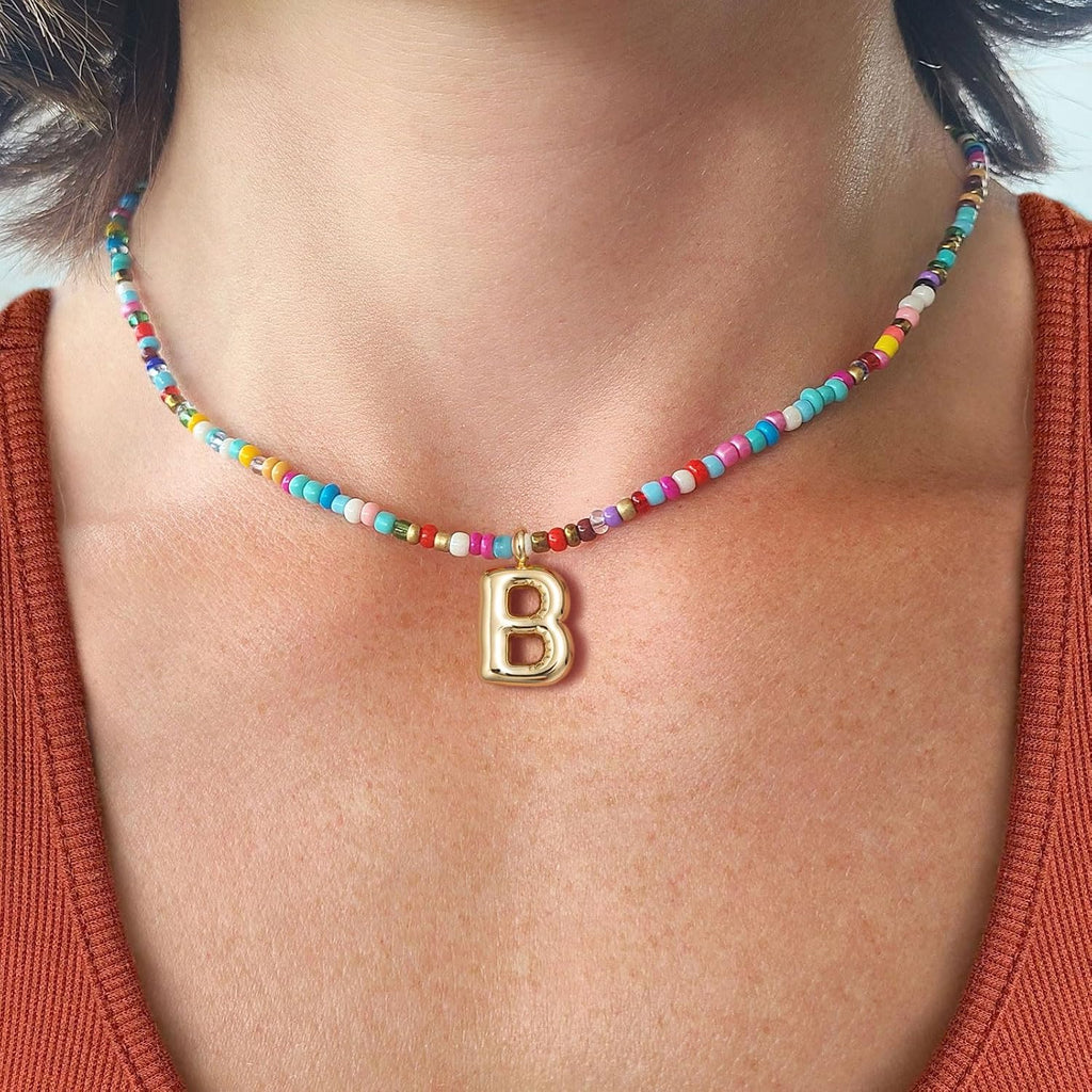 Colorful Initial Necklaces For Women – Bubble Necklace Handmade Beaded Necklace Dainty Cute Beach Boho Necklaces For Women Trendy Jewelry Choker Necklace