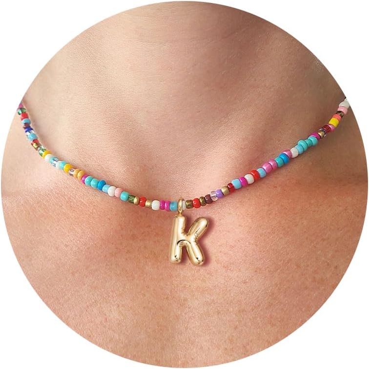Colorful Initial Necklaces For Women – Bubble Necklace Handmade Beaded Necklace Dainty Cute Beach Boho Necklaces For Women Trendy Jewelry Choker Necklace