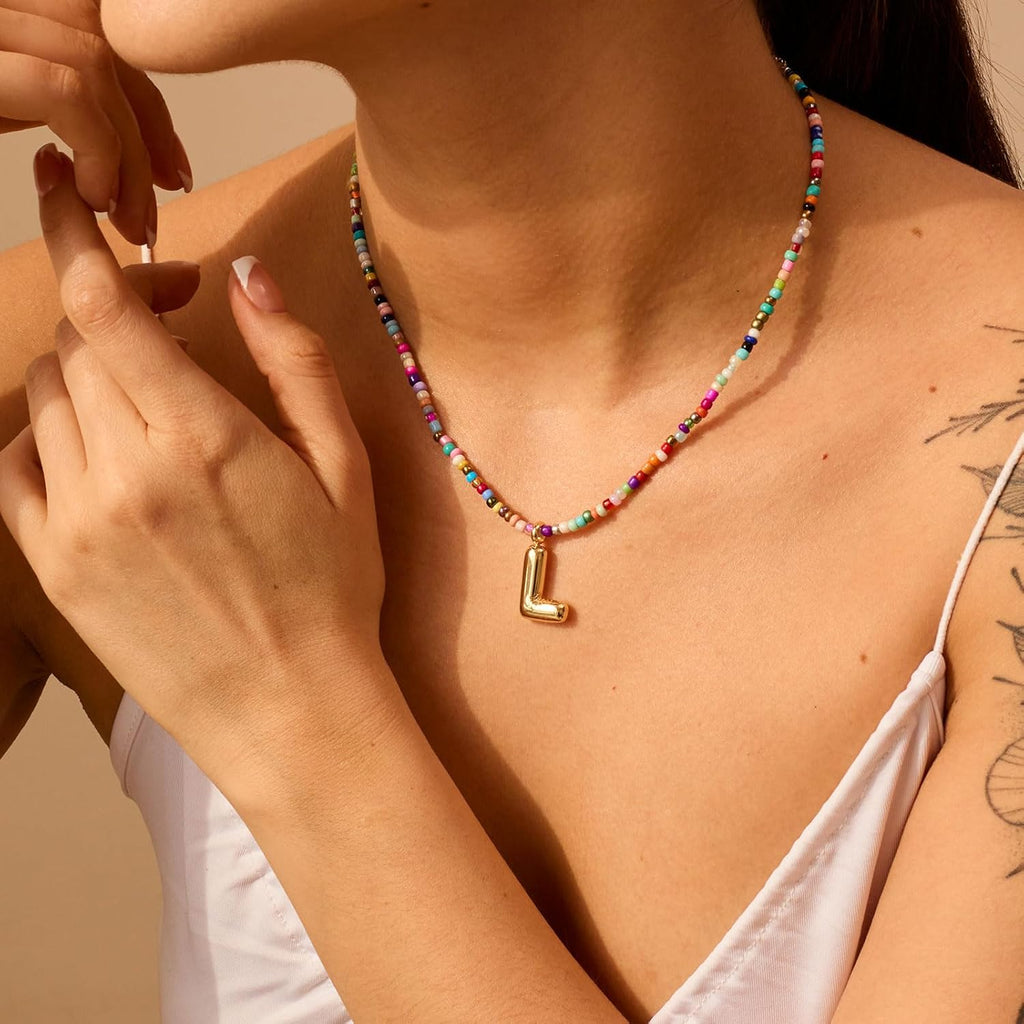 Colorful Initial Necklaces For Women – Bubble Necklace Handmade Beaded Necklace Dainty Cute Beach Boho Necklaces For Women Trendy Jewelry Choker Necklace
