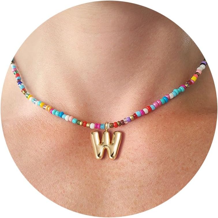 Colorful Initial Necklaces For Women – Bubble Necklace Handmade Beaded Necklace Dainty Cute Beach Boho Necklaces For Women Trendy Jewelry Choker Necklace
