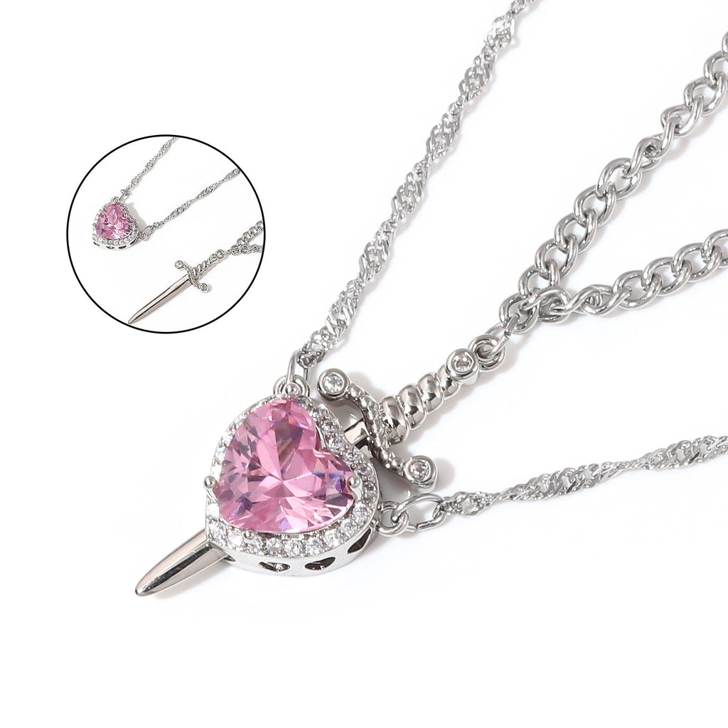 Fashionable one-arrow-through-the-heart couple necklace, red crystal love dagger layered necklace