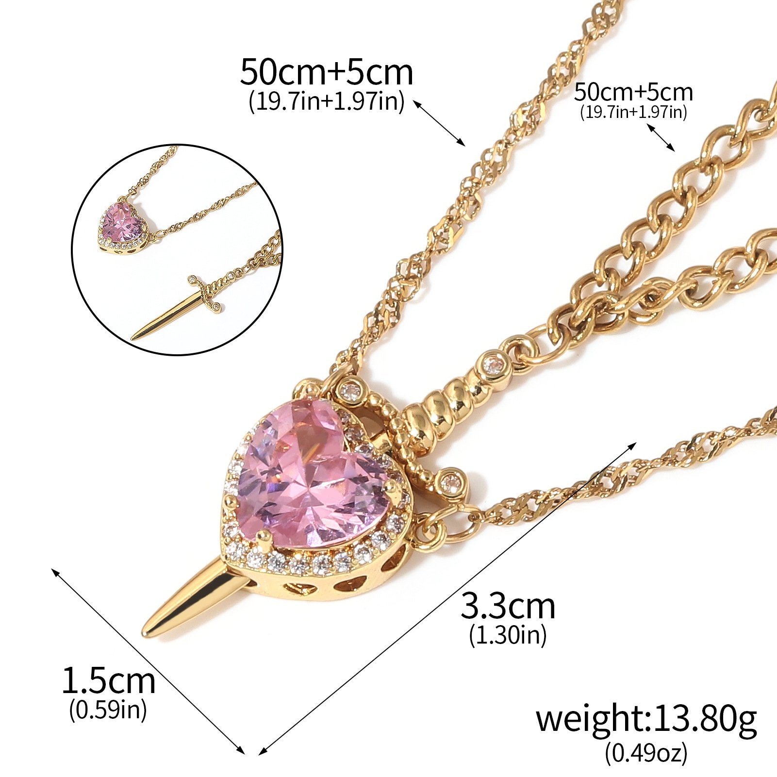 Fashionable one-arrow-through-the-heart couple necklace, red crystal love dagger layered necklace
