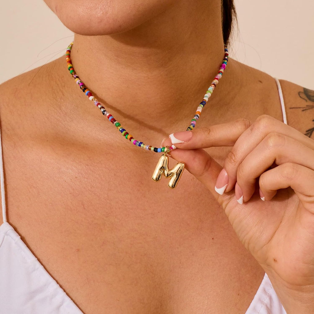 Colorful Initial Necklaces For Women – Bubble Necklace Handmade Beaded Necklace Dainty Cute Beach Boho Necklaces For Women Trendy Jewelry Choker Necklace