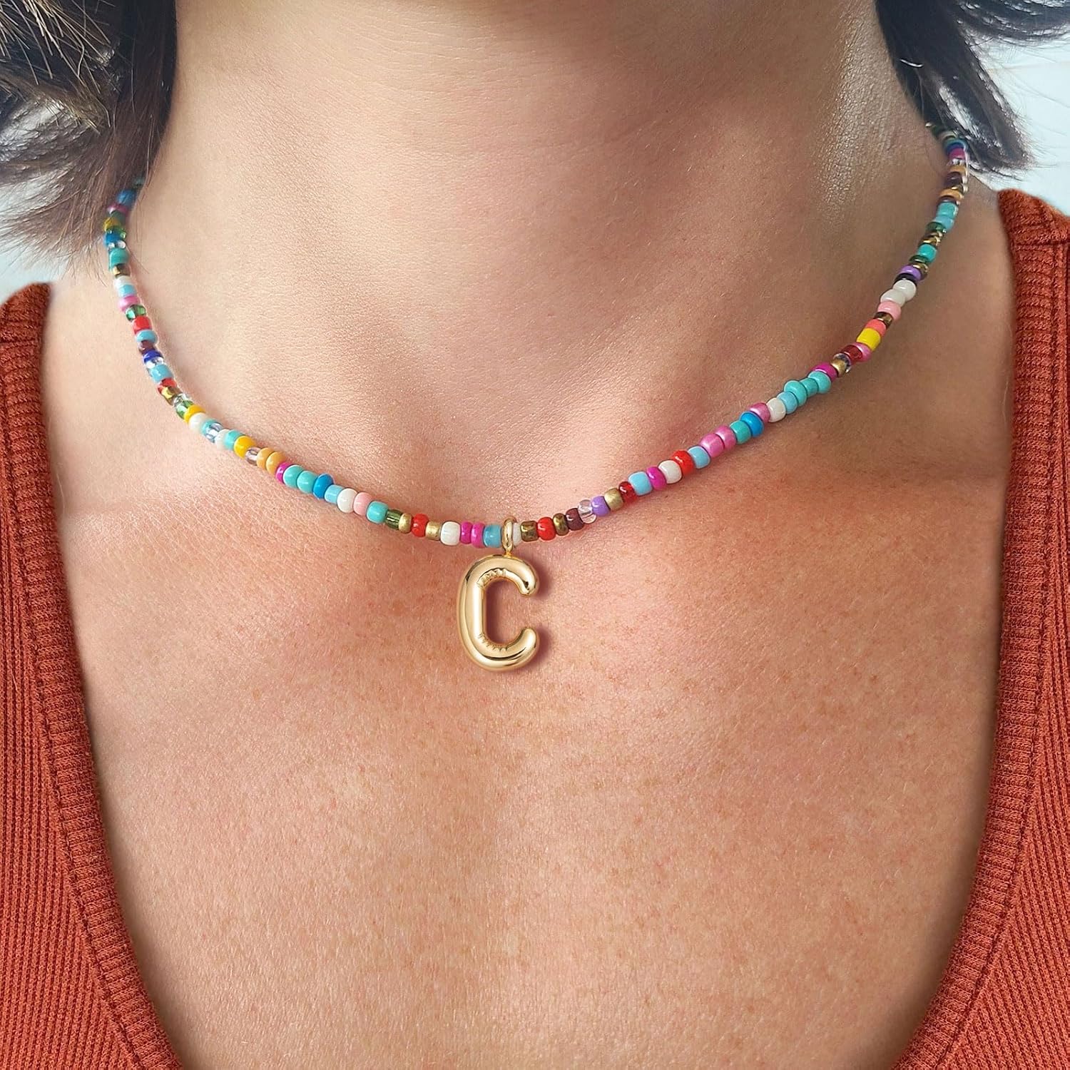 Colorful Initial Necklaces For Women – Bubble Necklace Handmade Beaded Necklace Dainty Cute Beach Boho Necklaces For Women Trendy Jewelry Choker Necklace