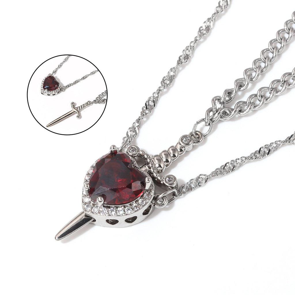 Fashionable one-arrow-through-the-heart couple necklace, red crystal love dagger layered necklace