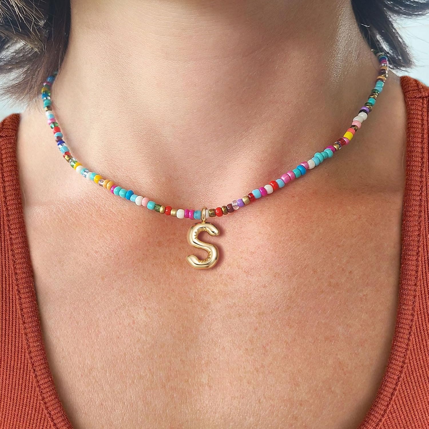 Colorful Initial Necklaces For Women – Bubble Necklace Handmade Beaded Necklace Dainty Cute Beach Boho Necklaces For Women Trendy Jewelry Choker Necklace