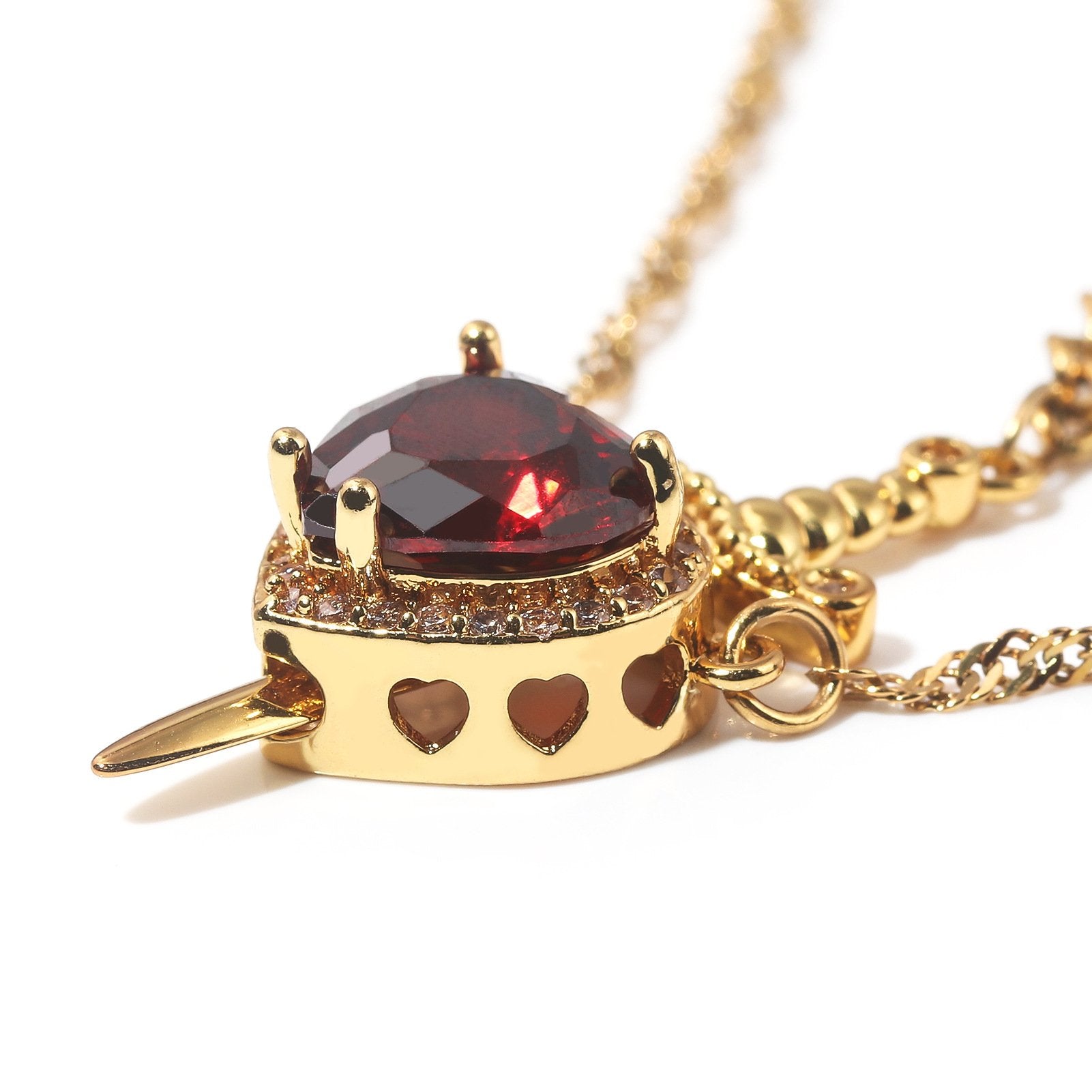 Fashionable one-arrow-through-the-heart couple necklace, red crystal love dagger layered necklace