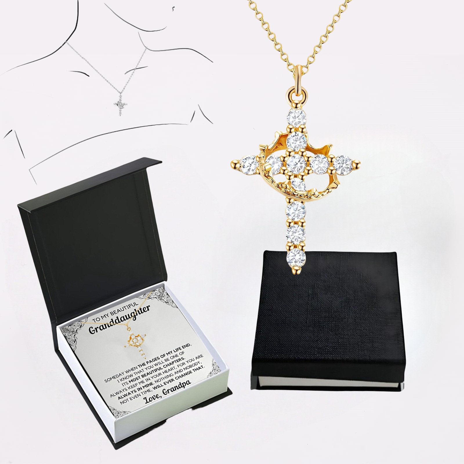 Paved Cross Rotated Crown Necklace