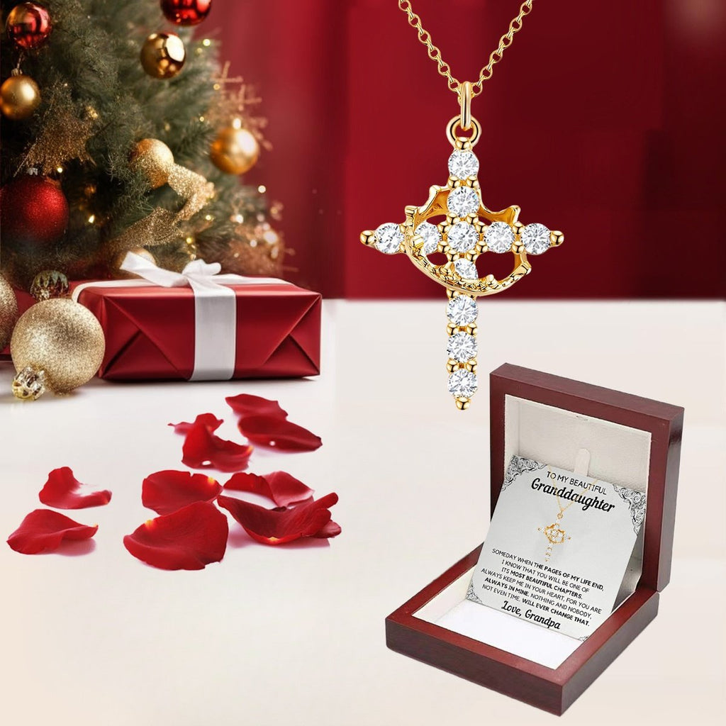 Paved Cross Rotated Crown Necklace