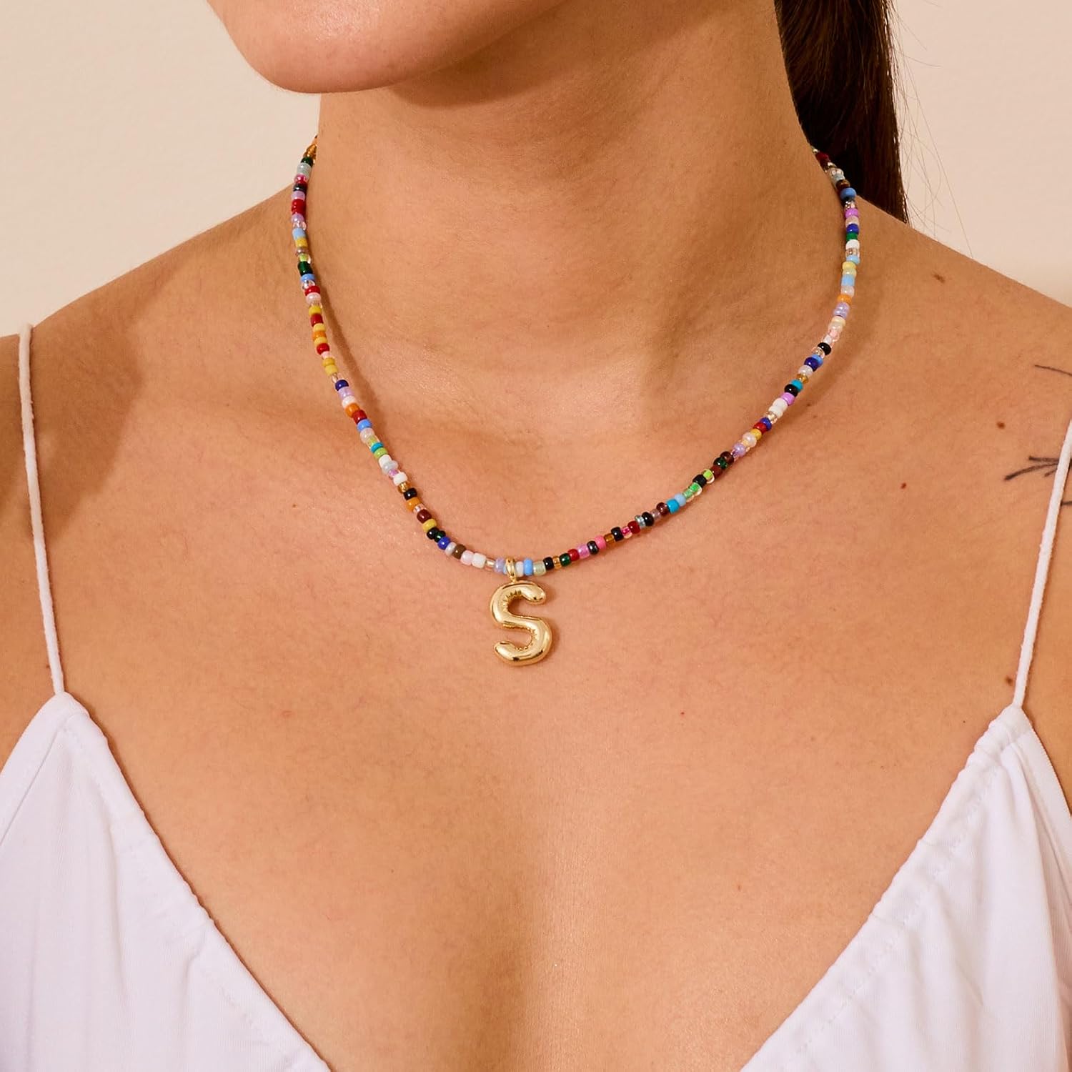 Colorful Initial Necklaces For Women – Bubble Necklace Handmade Beaded Necklace Dainty Cute Beach Boho Necklaces For Women Trendy Jewelry Choker Necklace