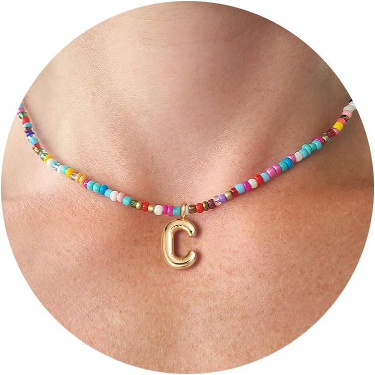 Colorful Initial Necklaces For Women – Bubble Necklace Handmade Beaded Necklace Dainty Cute Beach Boho Necklaces For Women Trendy Jewelry Choker Necklace