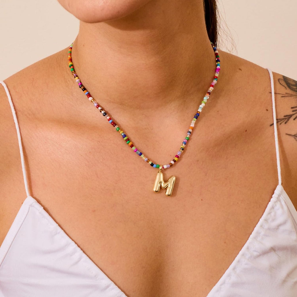 Colorful Initial Necklaces For Women – Bubble Necklace Handmade Beaded Necklace Dainty Cute Beach Boho Necklaces For Women Trendy Jewelry Choker Necklace