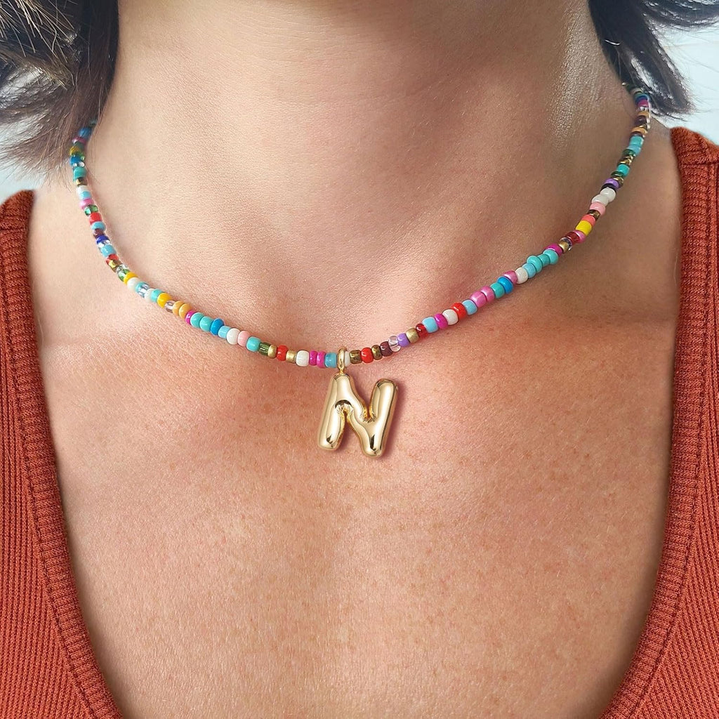 Colorful Initial Necklaces For Women – Bubble Necklace Handmade Beaded Necklace Dainty Cute Beach Boho Necklaces For Women Trendy Jewelry Choker Necklace