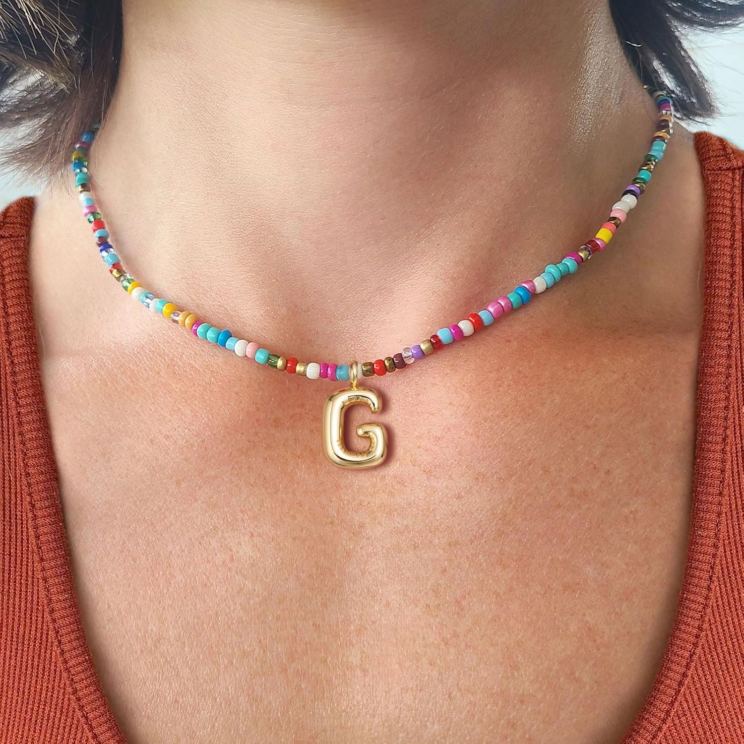 Colorful Initial Necklaces For Women – Bubble Necklace Handmade Beaded Necklace Dainty Cute Beach Boho Necklaces For Women Trendy Jewelry Choker Necklace