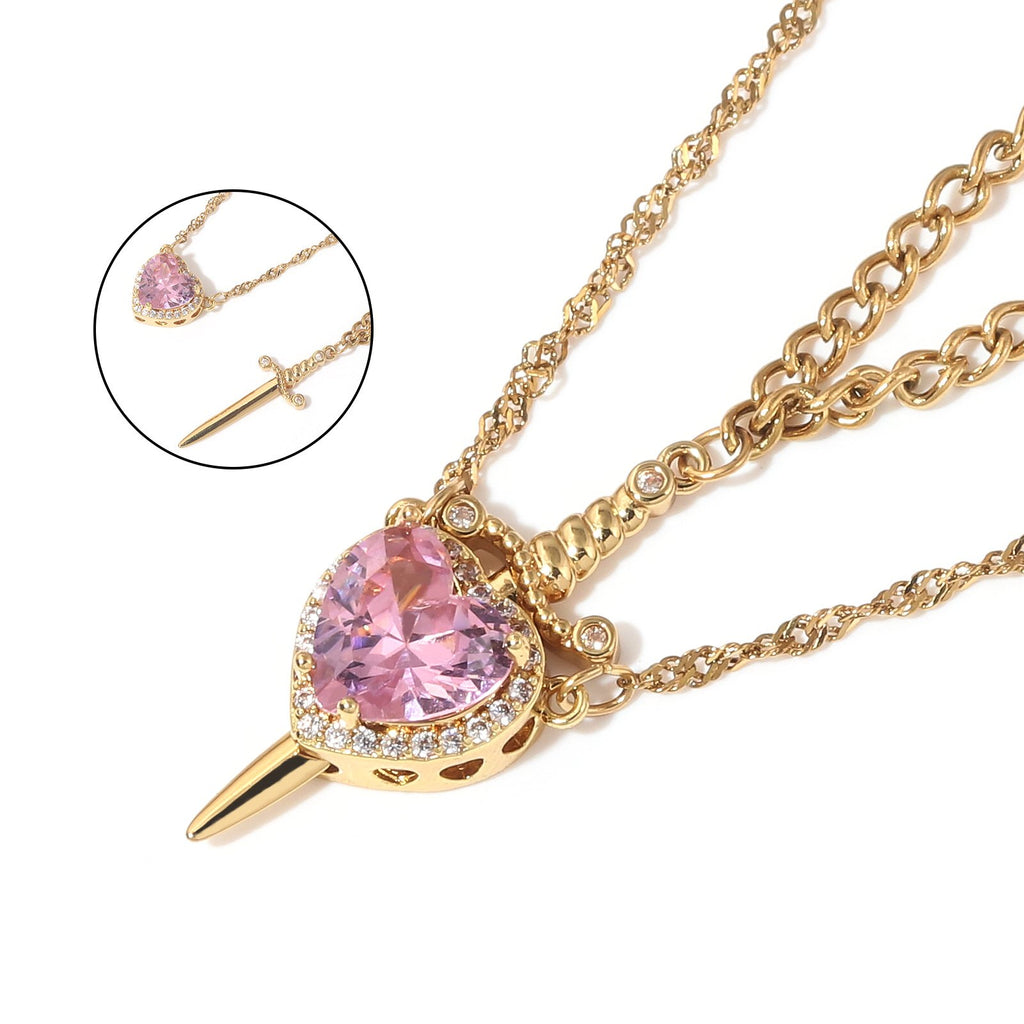 Fashionable one-arrow-through-the-heart couple necklace, red crystal love dagger layered necklace